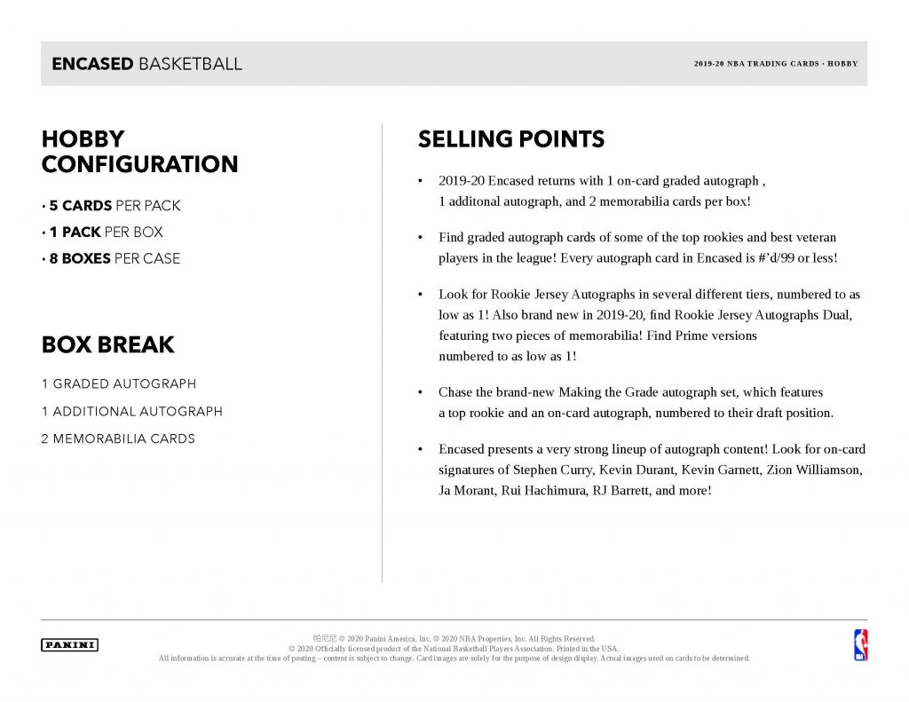 2019-20 Panini Encased Basketball Sell Sheet